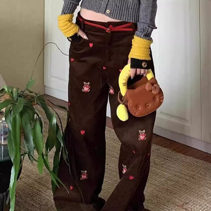 Retro High-Street Corduroy Pants With Embroidered Bear Design