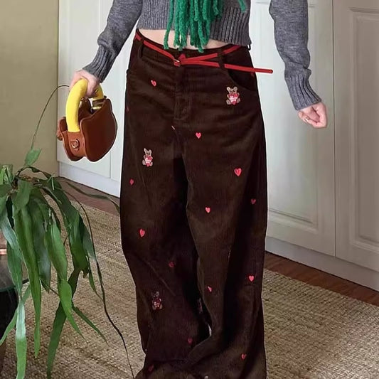 Retro High-Street Corduroy Pants With Embroidered Bear Design