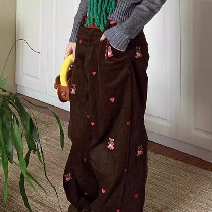 Retro High-Street Corduroy Pants With Embroidered Bear Design