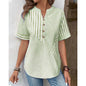 Womens Plus-Size Asymmetrical Striped Patchwork Cotton-Linen Top