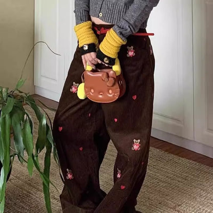 Retro High-Street Corduroy Pants With Embroidered Bear Design