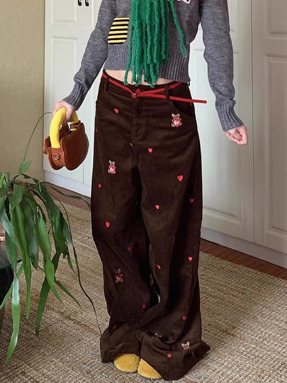 Retro High-Street Corduroy Pants With Embroidered Bear Design